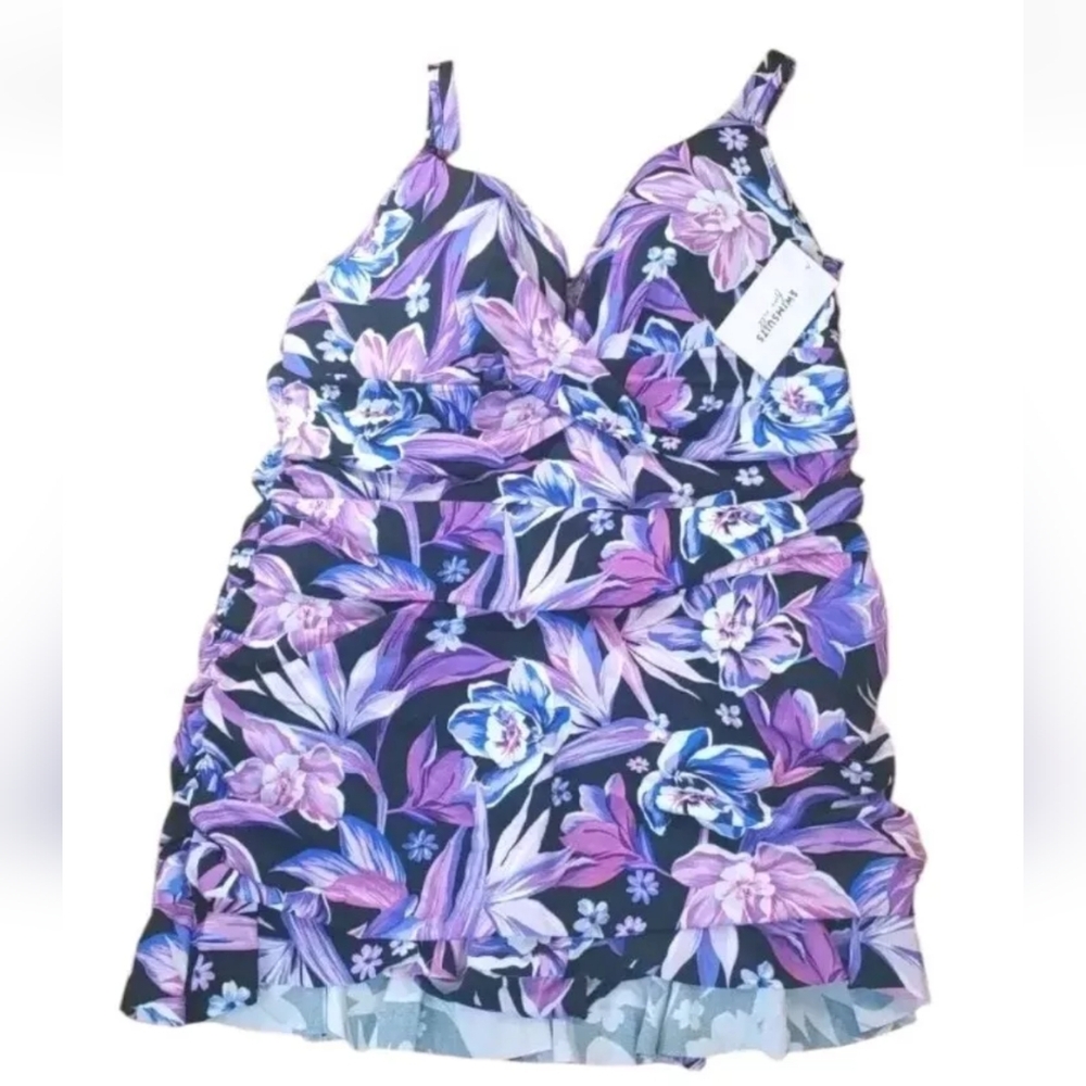 Swimsuits For All Swimdress Woman Plus 20W Underwire Tropical Floral Purple New - Picture 4 of 13
